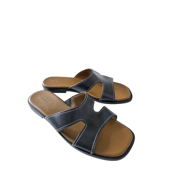 Vince Slides Size 6.5 Blsck Leather Open Toe Flats - Picture 2 of 6